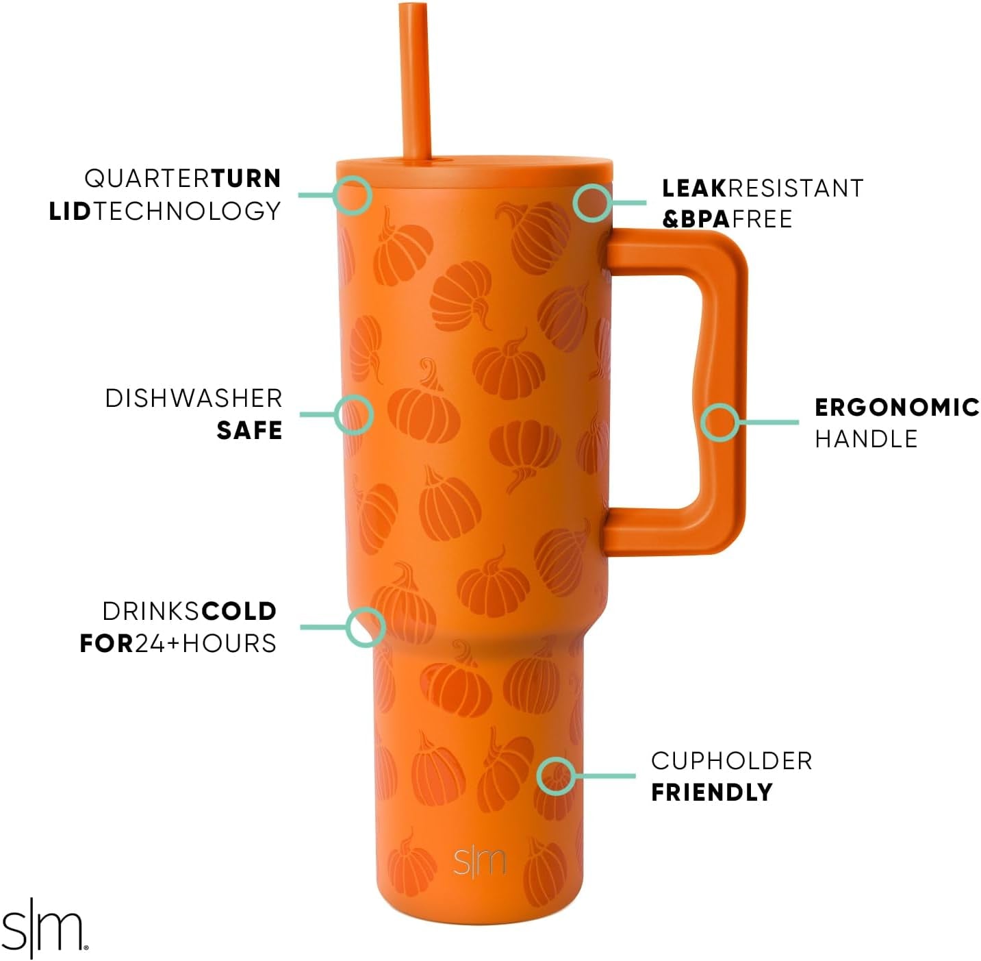 Simple Modern Halloween 40 Oz Tumbler with Handle and Straw Lid | Insulated Cup Stainless Steel Water Bottle Travel Mug Cupholder Use | Gifts for Women Him Her | Trek Collection | Orange Pumpkins