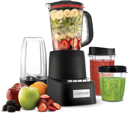 Chefman Countertop + Travel Dynamic Blending System, 12-Piece Set, 3 Programmed Speeds & Pulse, Easy Ice Crushing for Shakes & Smoothies, Dishwasher-Safe 32-Oz Pitcher, 12Oz & 2 24Oz Tumblers, Black