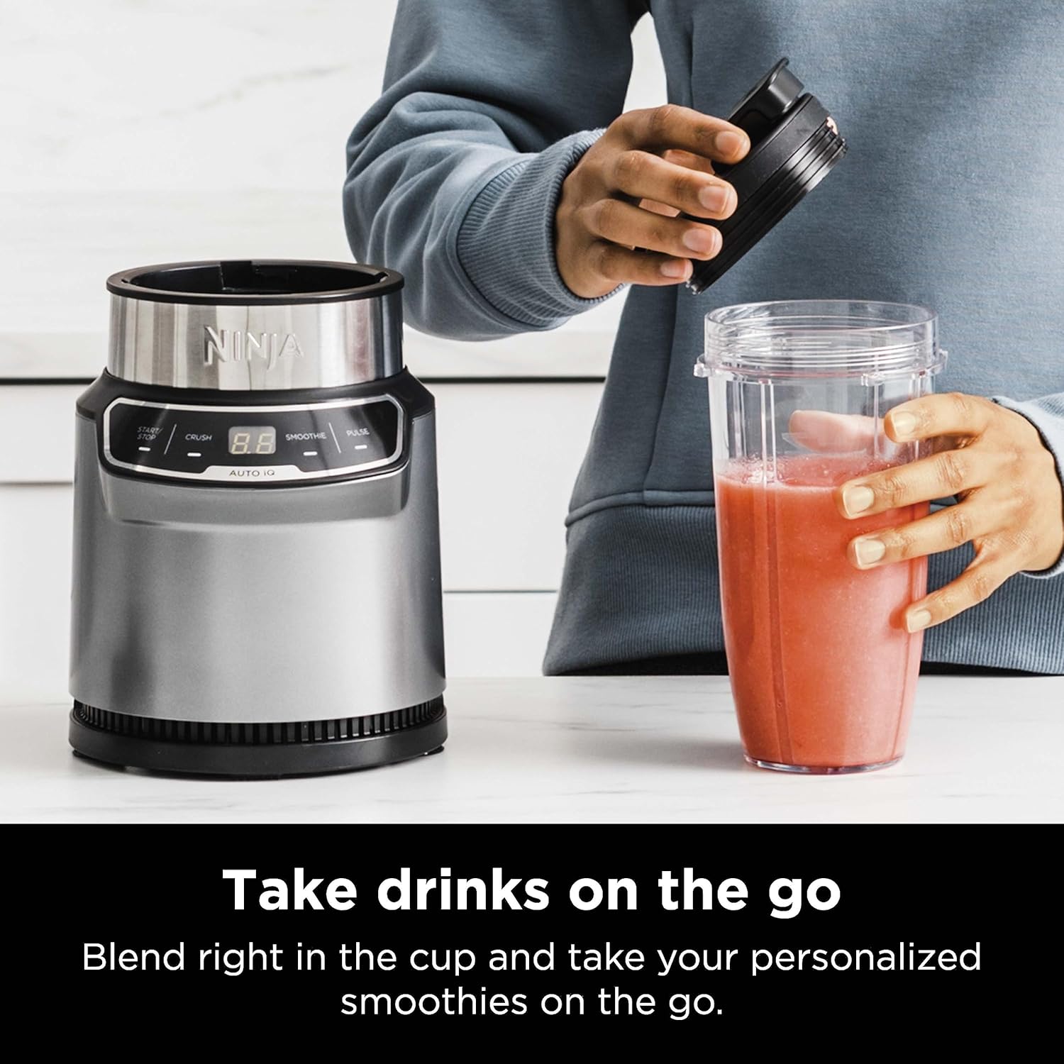 Ninja BN401 Nutri Pro Compact Personal Blender, Auto-Iq Technology, 1000-Peak-Watts, for Frozen Drinks, Smoothies, Sauces & More, with (2) 24-Oz. To-Go Cups & Spout Lids, Cloud Silver