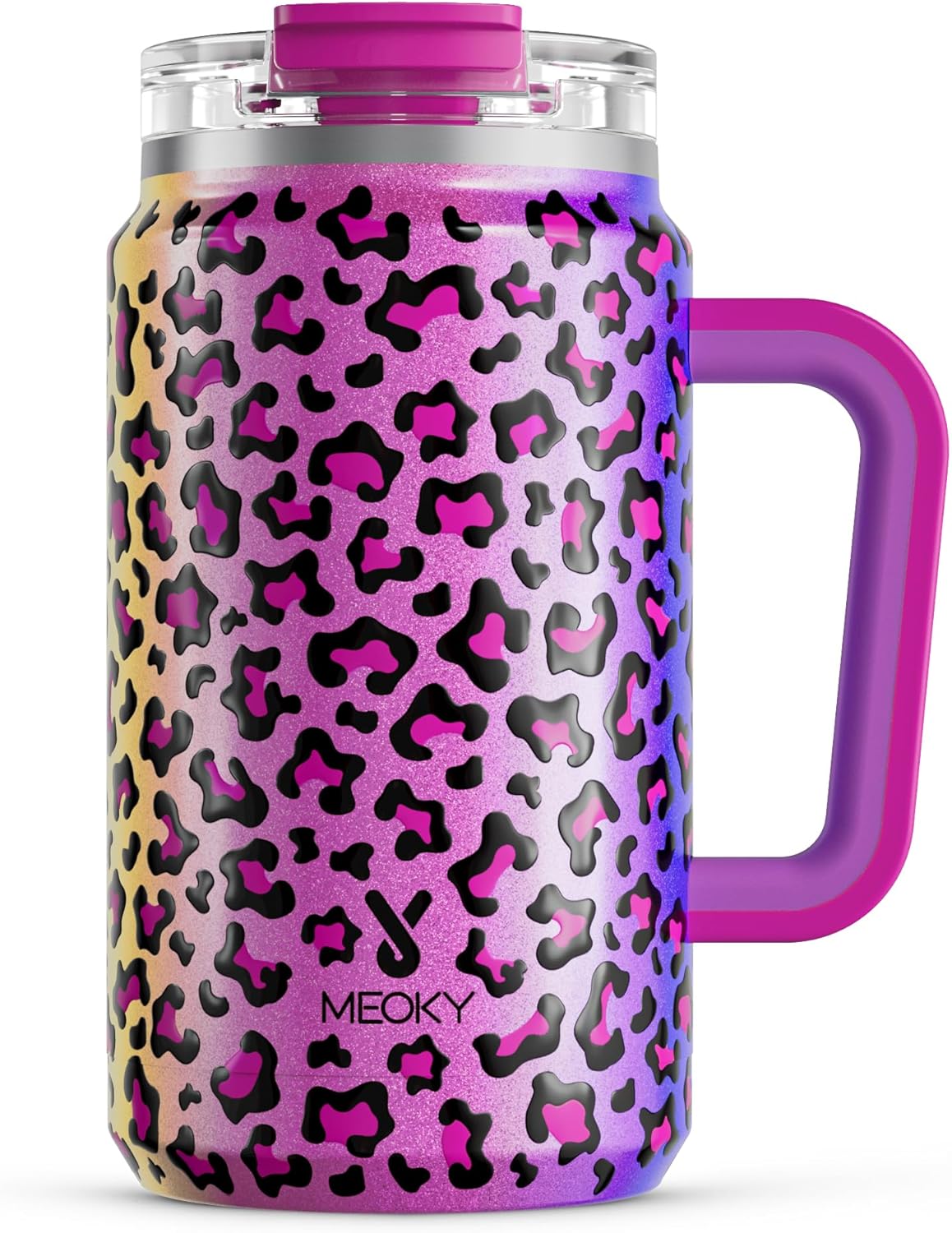 Meoky 32 Oz Tumbler with Handle, Stainless Steel Vacuum Insulated Tumbler, Keeps Cold for 30 Hours, 100% Leak-Proof, Bpa-Free (Leopard)