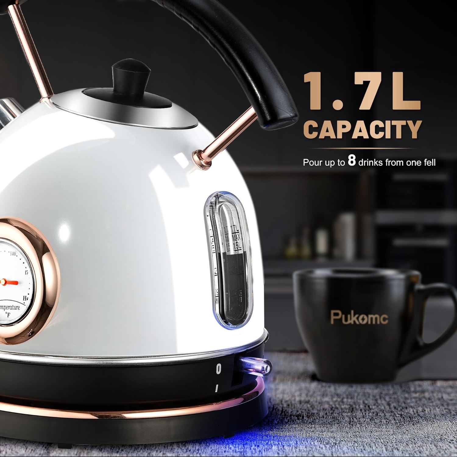 Retro Electric Kettle Stainless Steel 1.7L Tea Kettle, Hot Water Boiler with Temperature Gauge, Led Light, Fast Boiling, Auto Shut-Off&Boil-Dry Protection (White)