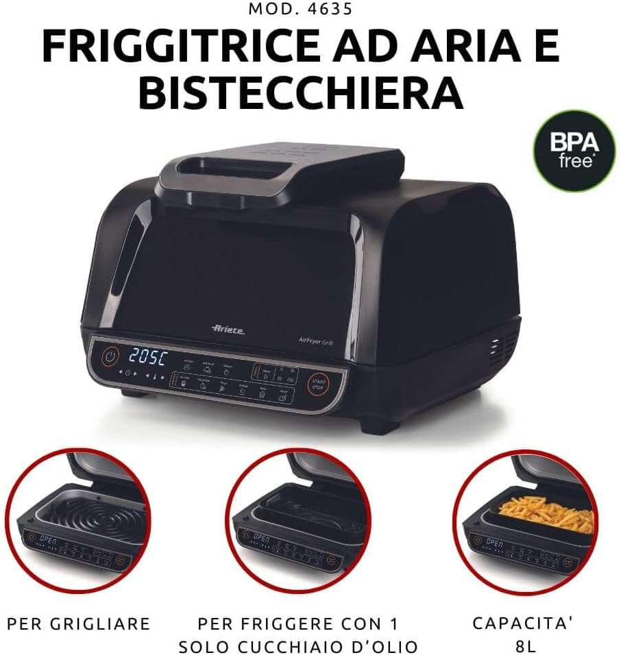 Ariete 4635 Air Fryer Grill, Friggitrice Ad Aria E Griglia, Bistecchiera,1700W, Capacità 8L, Friggi E Griglia, 8 Funzioni Di Cottura, Timer, Nero