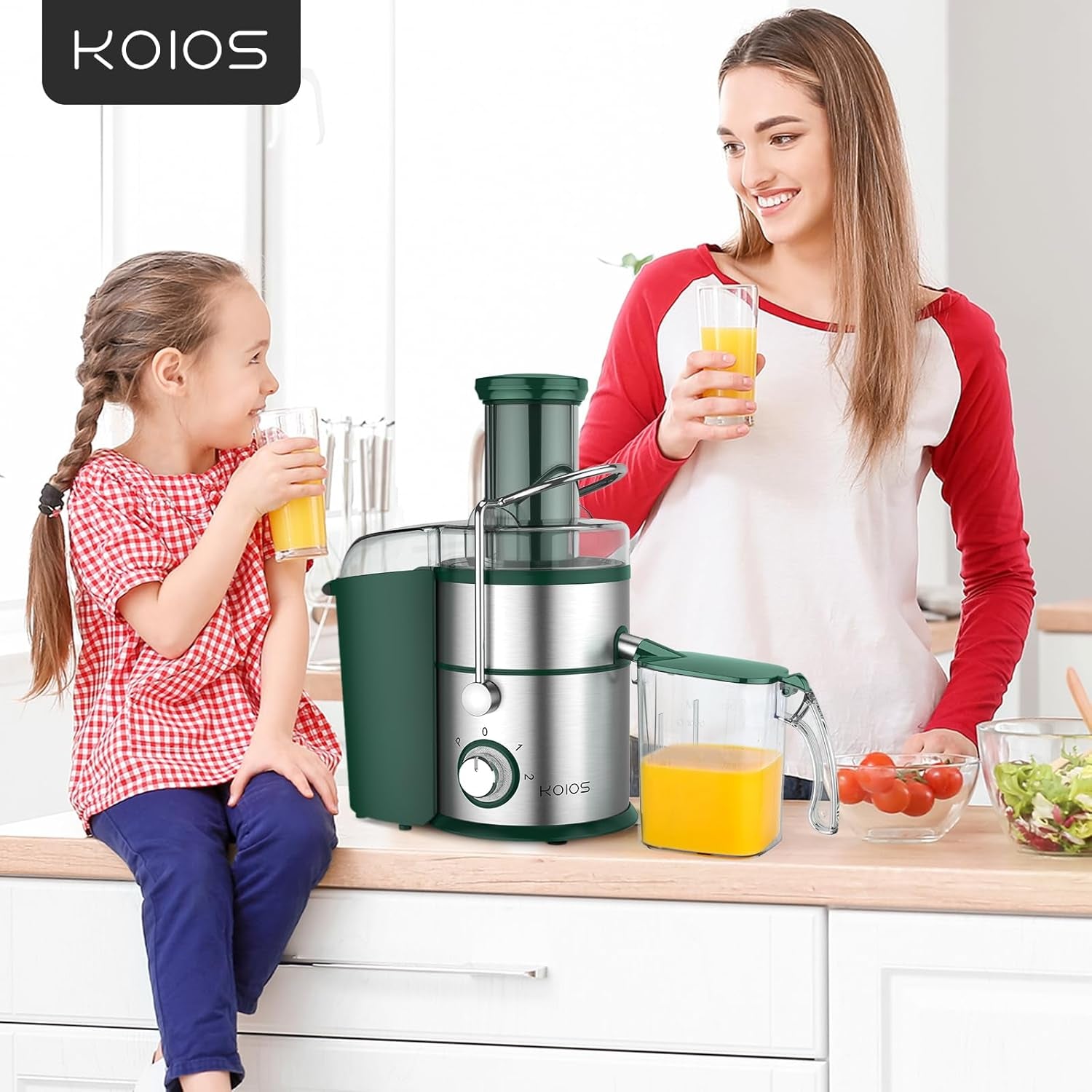 1300W KOIOS Centrifugal Juicer Machines, Juice Extractor with Extra Large 3Inch Feed Chute, Full Copper Motor, Titanium-Plated Filter, High Juice Yield, 3 Speeds Mode, Brush Included, Non-Bpa, Green