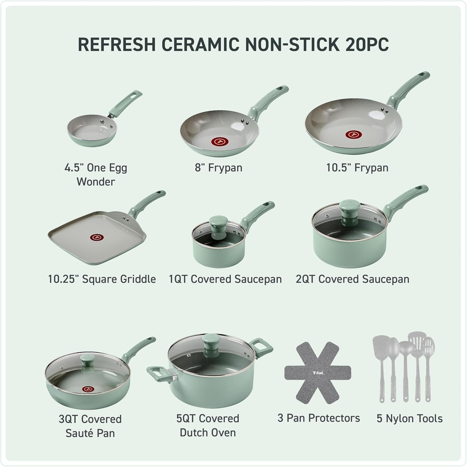 T-Fal Refresh Ceramic, Ceramic Non Stick Cookware Set 20 Piece, Oven Broiler Safe 350F, Kitchen Set W/Egg Pan, Fry Pans, Saucepans, Griddle, Sautepan, Dutch Oven & Utensils, Pots, Pans, Mint Green