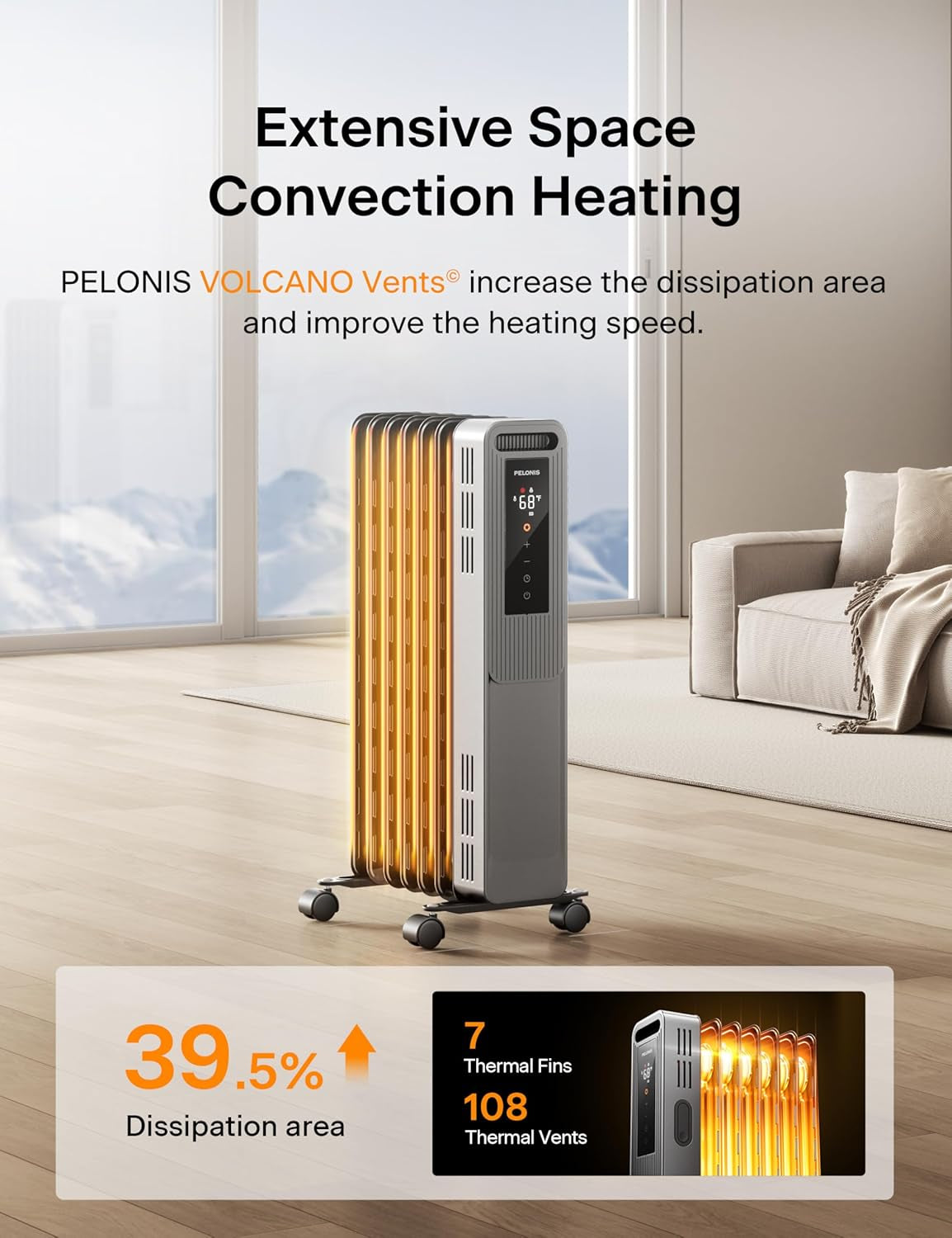 PELONIS Oil Filled Radiator, Electric Space Heater for Indoor Use Large Room with Thermostat & Remote, 3 Modes & 3 Heat Settings, ECO Mode, 24H Timer, Quiet, Overheat & Tip-Over Protection, 1500W