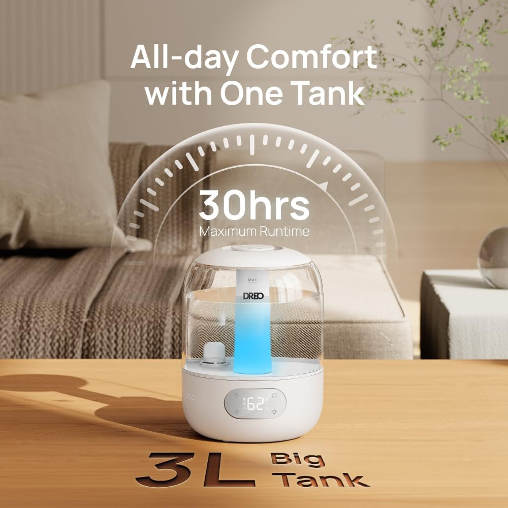 Dreo Humidifiers for Bedroom, Cool Mist Ultrasonic Humidifiers with Oil Diffuser, 30Hr Runtime, Top Fill 3L Tank, Humidity Sensor, Night Light for Baby, Nursery, 360° Nozzle for Plants and Home, White