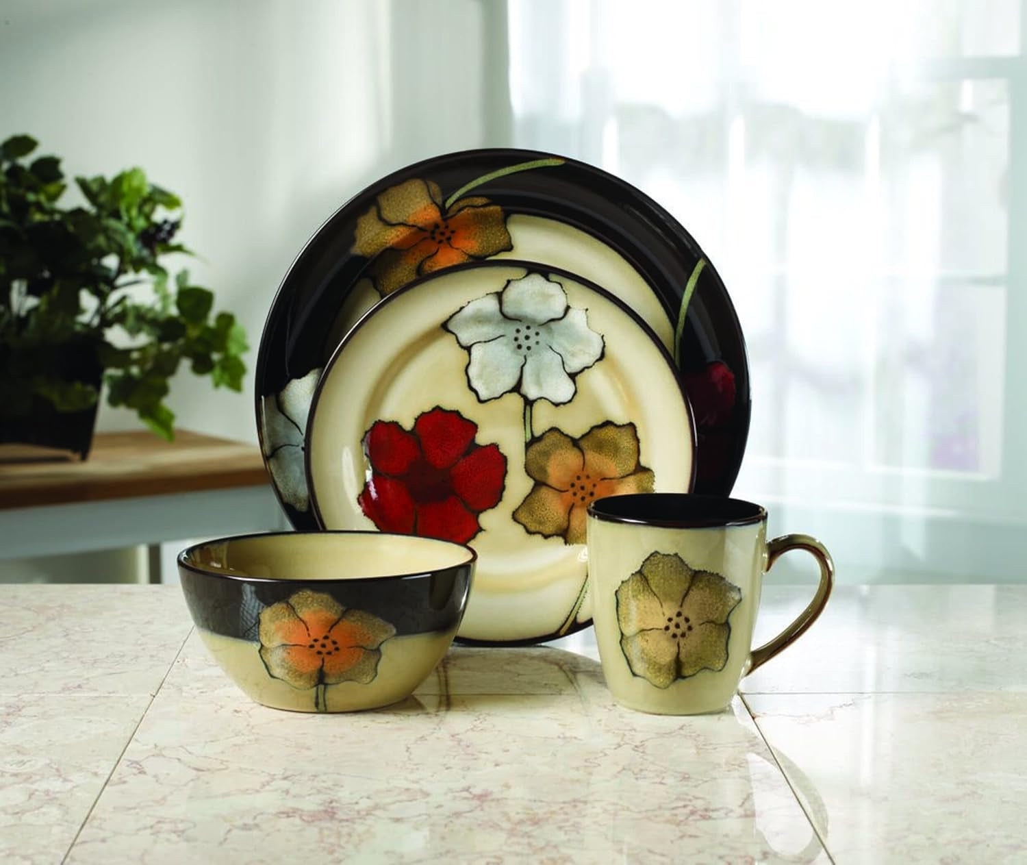 Pfaltzgraff Painted Poppies 16-Piece Stoneware Dinnerware Set, Service for 4, Tan/Assorted -