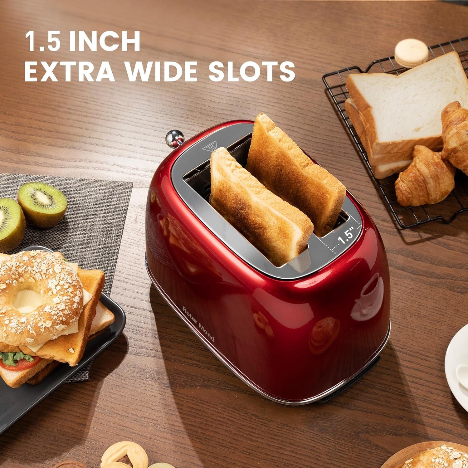 2 Slice Toaster Roter Mond Retro Stainless Steel Toaster with Bagel, Cancel, Defrost Function and 6 Bread Shade Settings Bread Toaster, Extra Wide Slot and Removable Crumb Tray, Red