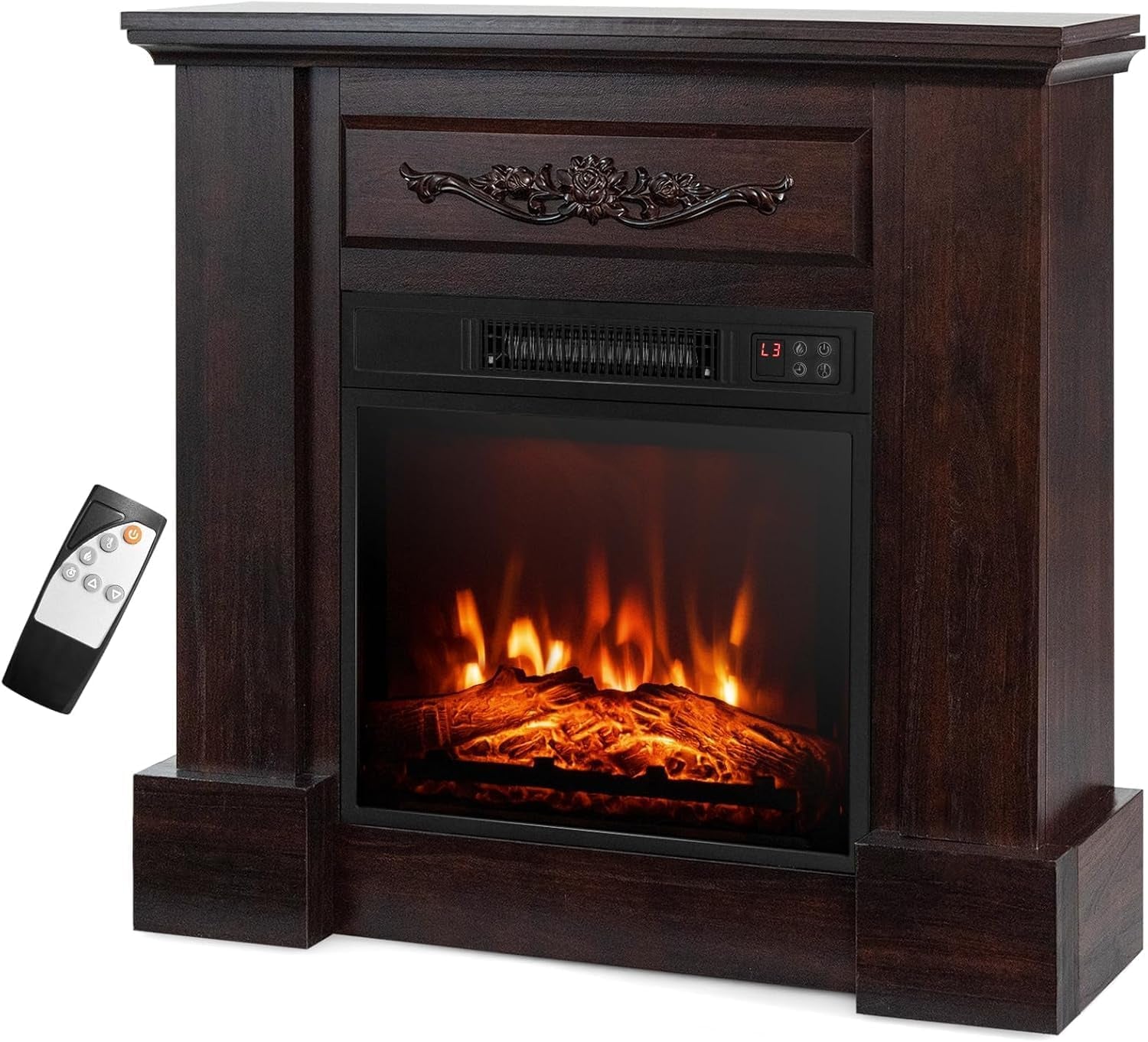 SIMOE Electric Fireplace with Mantel with Remote Control & Overheat Protection Brown