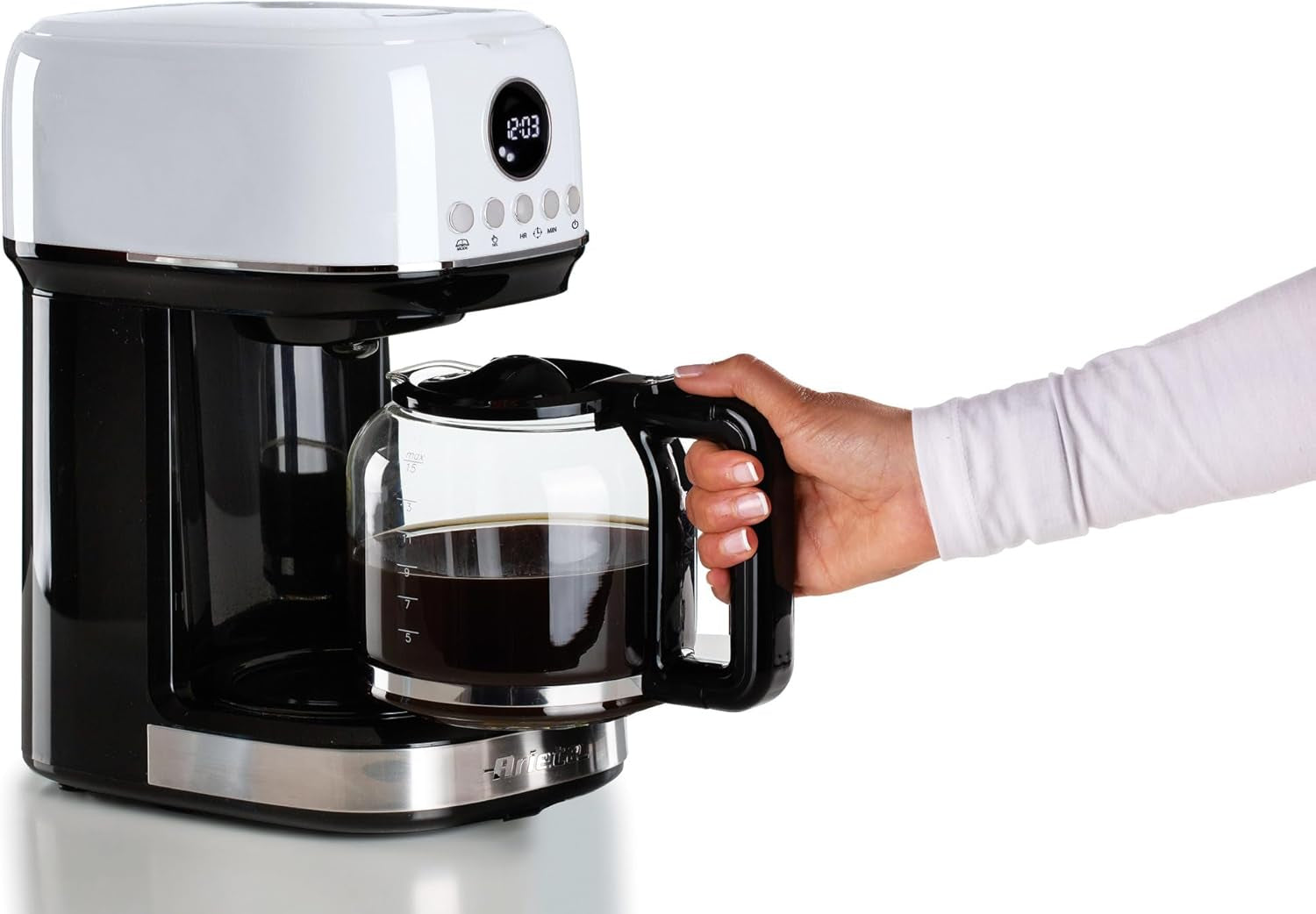 Ariete 1396 Macchina Da Caffè Con Filtro Moderna, Caffè Americano, Capacità Fino a 15 Tazze, Base Riscaldante, Display LCD, Filtri Estraibili E Lavabili, Bianco