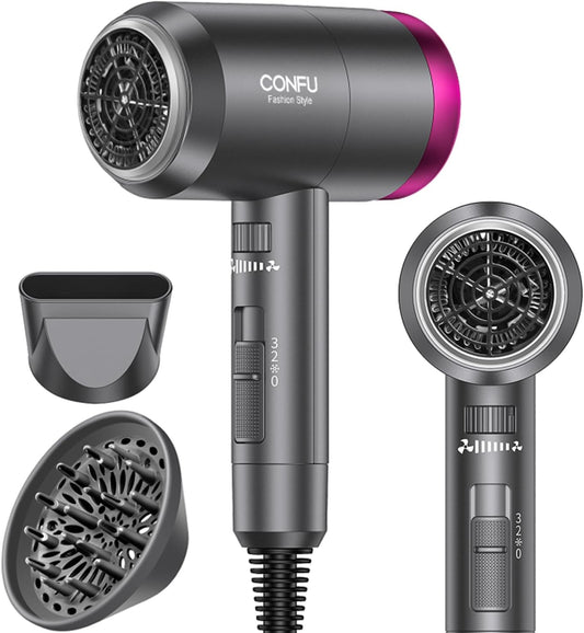 CONFU Ionic Blow Dryer 1600W, Portable Lightweight Fast Drying Negative Ion Hairdryer Blowdryer, 3 Heat Settings & Infinity Speed, with Diffuser and Concentrator Nozzle for Home & Travel