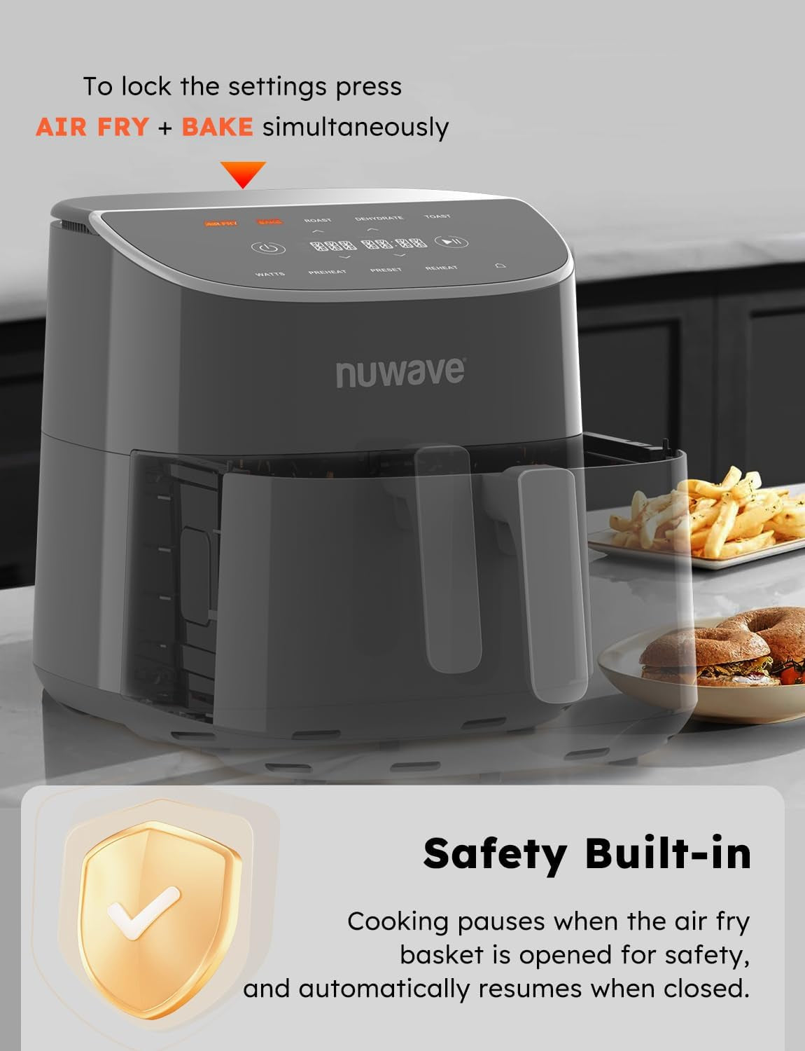 Nuwave Brio plus 8 Qt Air Fryer, PFAS Free, New & Improved, Digital Touch Screen, Cool White Display, 50°F~400°F in Precise 5°, 5 Cook Functions, 100 Presets & 50 Memory, 3 Wattages 700, 1500, 1800