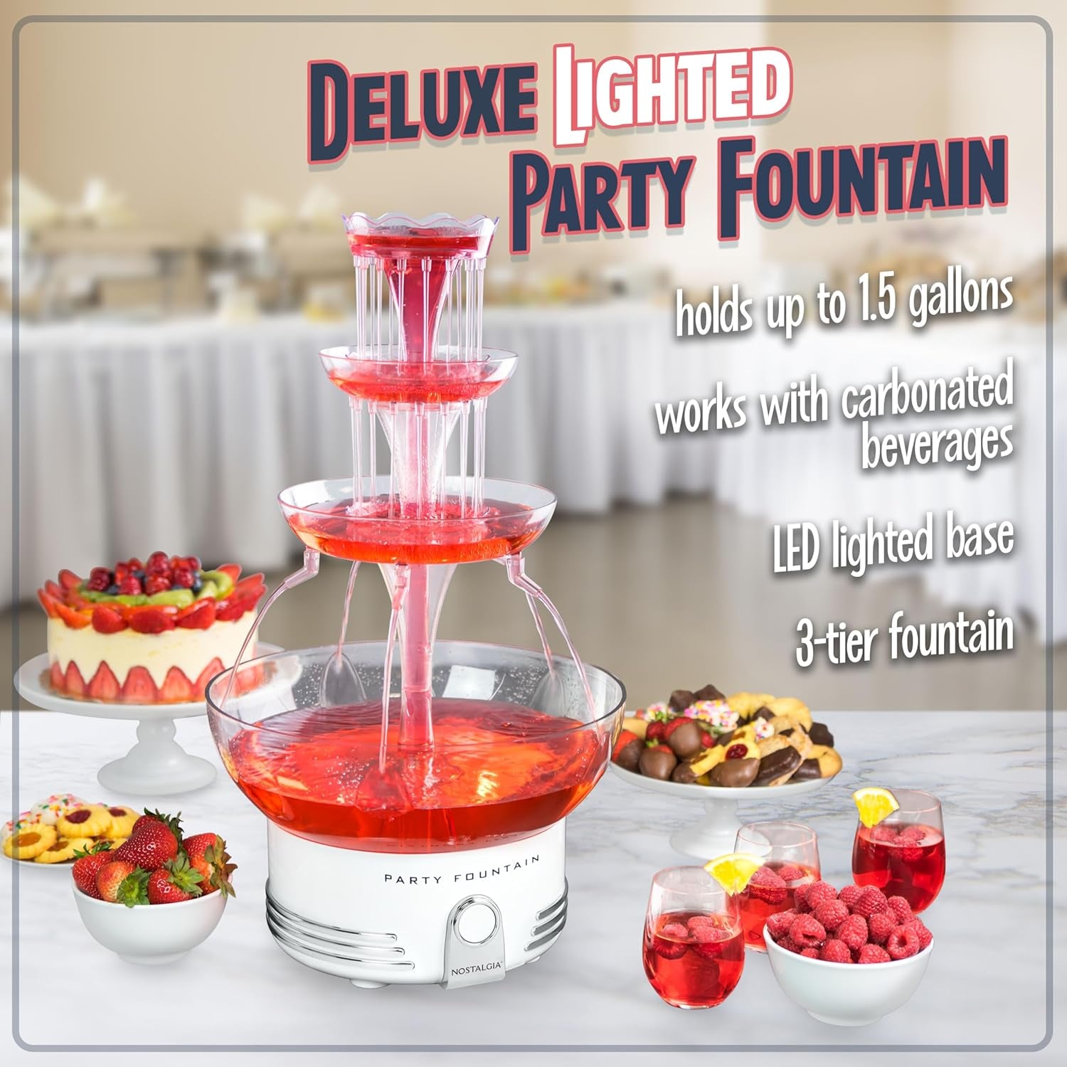 Nostalgia Countertop Retro Lighted Party Beverage Fountain – 1.5 Gallon Capacity, 3-Tiered Cascading Tower with LED Base - Perfect for Punch, Juice, Wine, Champagne & More