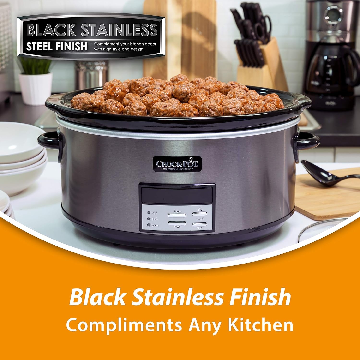 Crock-Pot Large 8-Quart Programmable Slow Cooker with Auto Warm Setting, Black Stainless Steel, Includes Cookbook (Pack of 1)