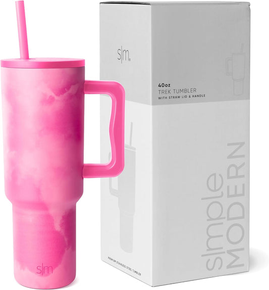 Simple Modern 40 Oz Tumbler with Handle and Straw Lid | Insulated Reusable Stainless Steel Water Bottle Travel Mug Cupholder Friendly | Gifts for Women Men | Trek Collection | Pink Whimsical Tie Dye