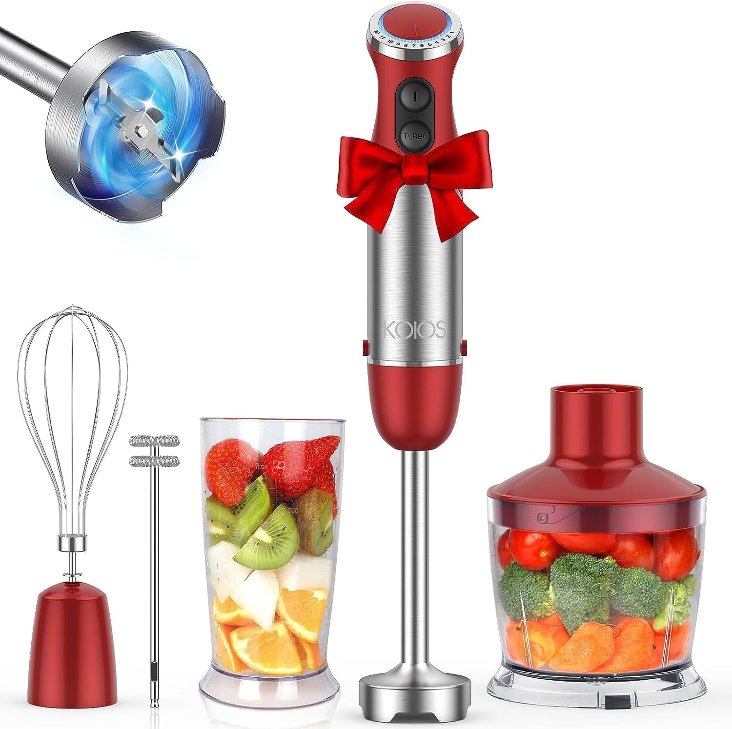 KOIOS 5-In-1 Hand Immersion Blender, 1000W 12 Speed Handheld Blender, Copper Motor Stainless Steel Blade Stick Blender,600Ml Mixing Beaker,500Ml Food Processor, Whisk, Milk Frother, Bpa-Free, Red