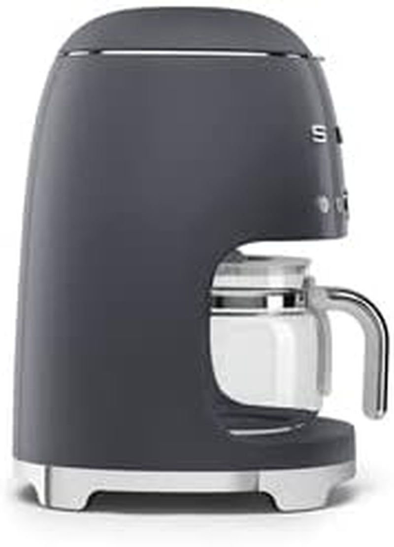 Smeg 50'S Retro Style Aesthetic Drip Coffee Machine with 10 Cup Glass Carafe, Auto Start Feature, Keep Warm Plate, and Two Coffee Strength Settings (Grey)