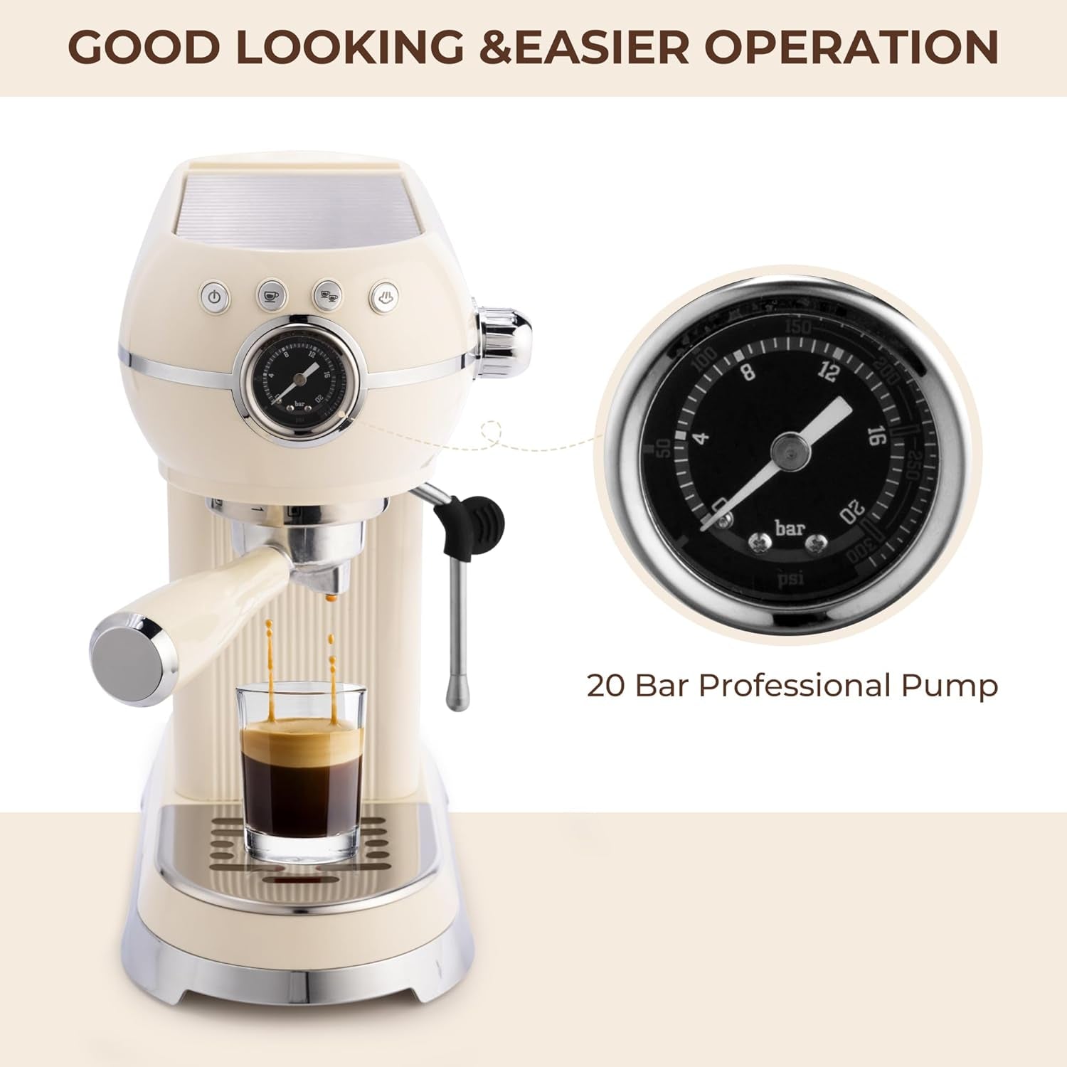 SUSTEAS Espresso Machine with Milk Frother, 20 Bar Espresso Maker for Latte and Cappuccino, Expressions Coffee Machine with Removable Water Tank, Beige