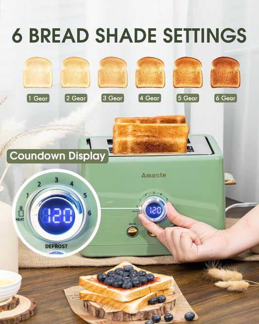 2 Slice Toaster, Retro Bread Toaster with LED Digital Countdown Timer, Extra Wide Slots Toasters with 6 Bread Shade Settings, Bagel, Cancel, Defrost Function, High Lift Lever, Removal Crumb Tray