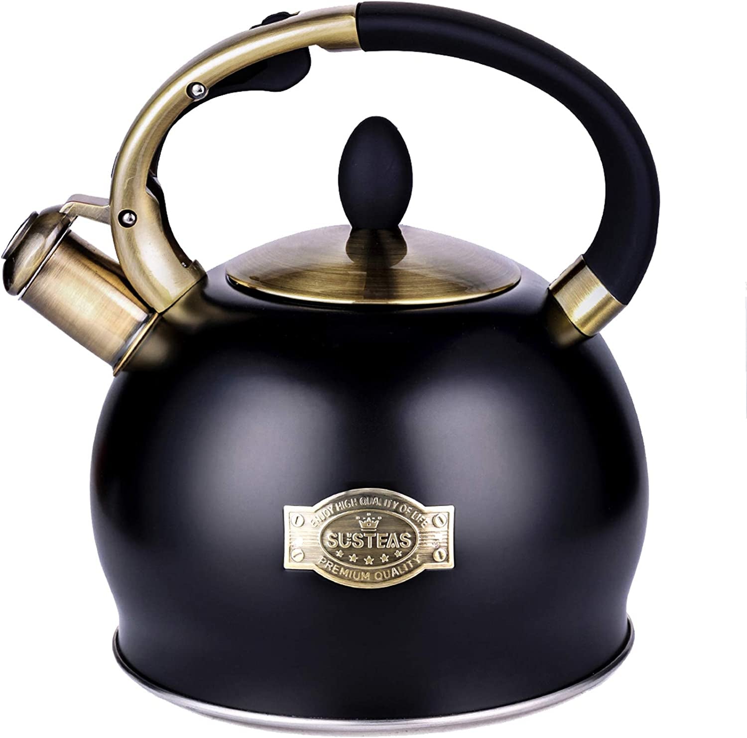 SUSTEAS Stove Top Whistling Tea Kettle - Food Grade Stainless Steel Teakettle Teapot with Cool Touch Ergonomic Handle, with 1 Silicone Pinch Mitt Included, 2.64 Quart(Black)