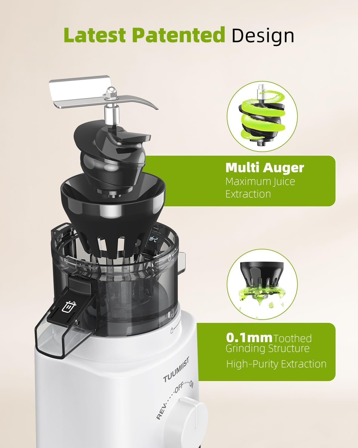 Juicer Machines, TUUMIIST Cold Press Juicer with 4.25'' Large Feed Chute Fit Whole Vegetable and Fruit, Masticating Juicer Easy to Clean, BPA Free (White)