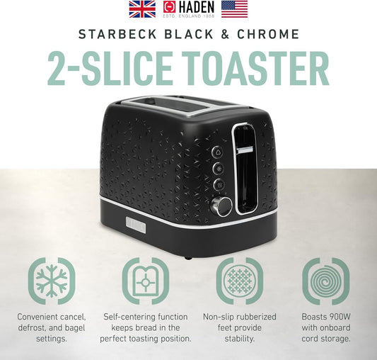 Haden Starbeck 2 Slice Wide Slot Stainless Steel Toaster with Adjustable Browning Control & Non-Slip Feet, Black & Chrome