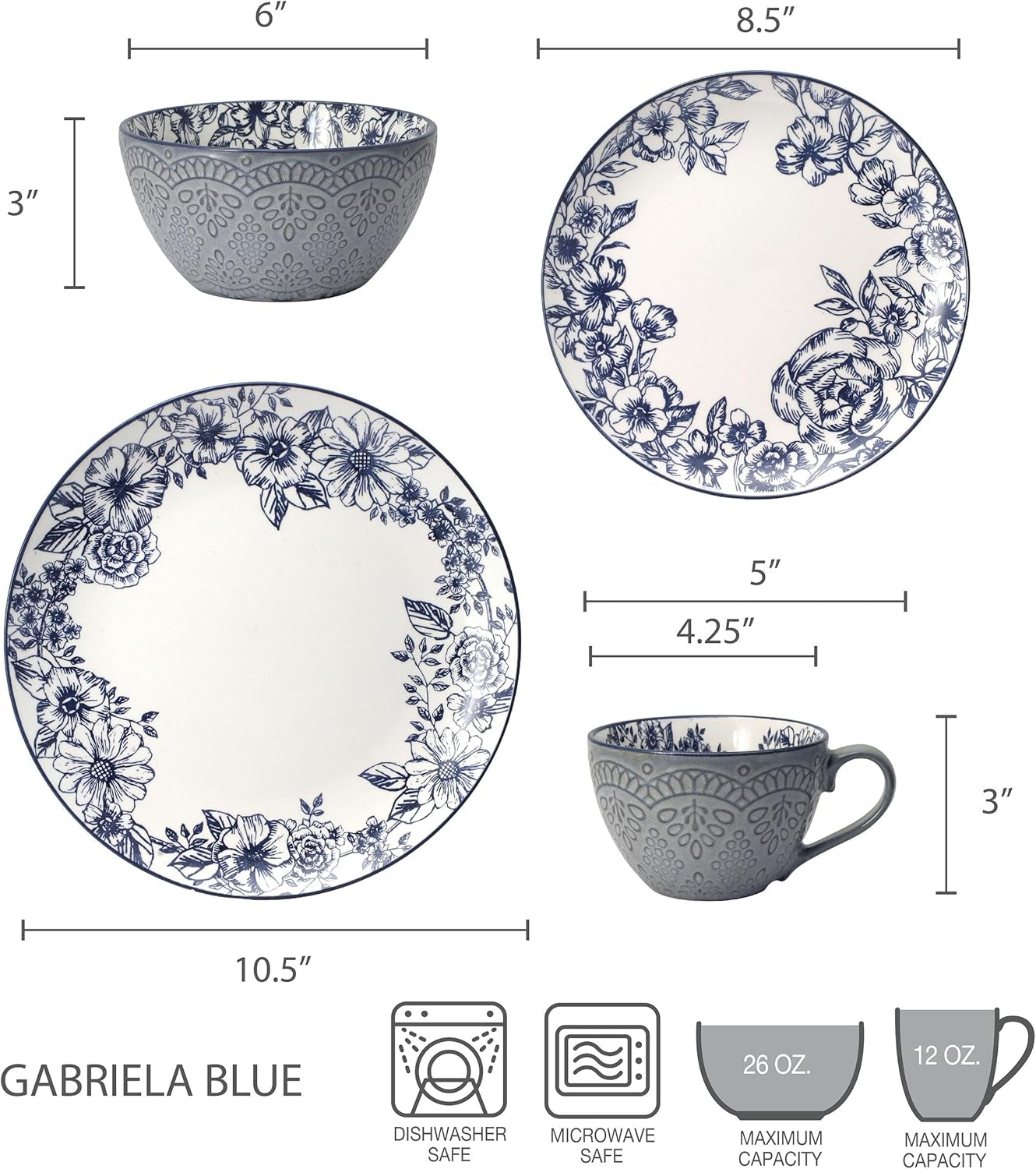 Pfaltzgraff 5216941 Gabriela Blue 16-Piece Dinnerware Set, Service for 4