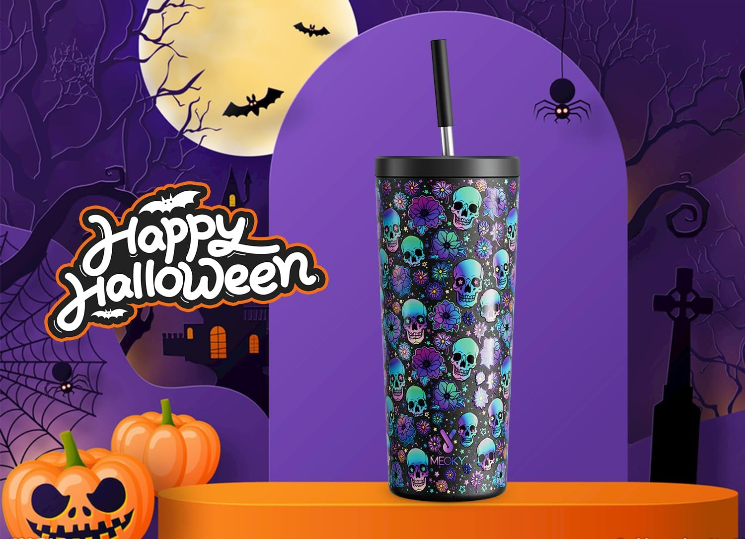 Meoky 24 Oz Halloween Tumbler with Lid and Straw, Stainless Steel Vacuum Insulated Tumbler, Keeps Cold for 24 Hours, 100% Leak Proof, Fits in Car Cup Holder (Black Skull)