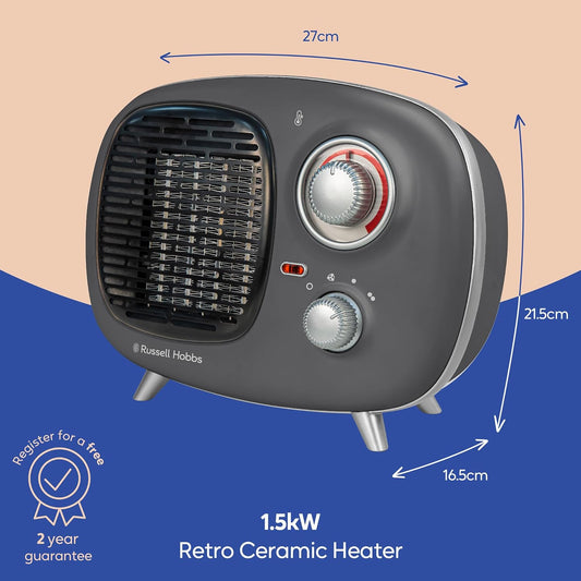 Russell Hobbs Retro Portable Ceramic Electric Heater 2 Heat Settings 1500W Gray