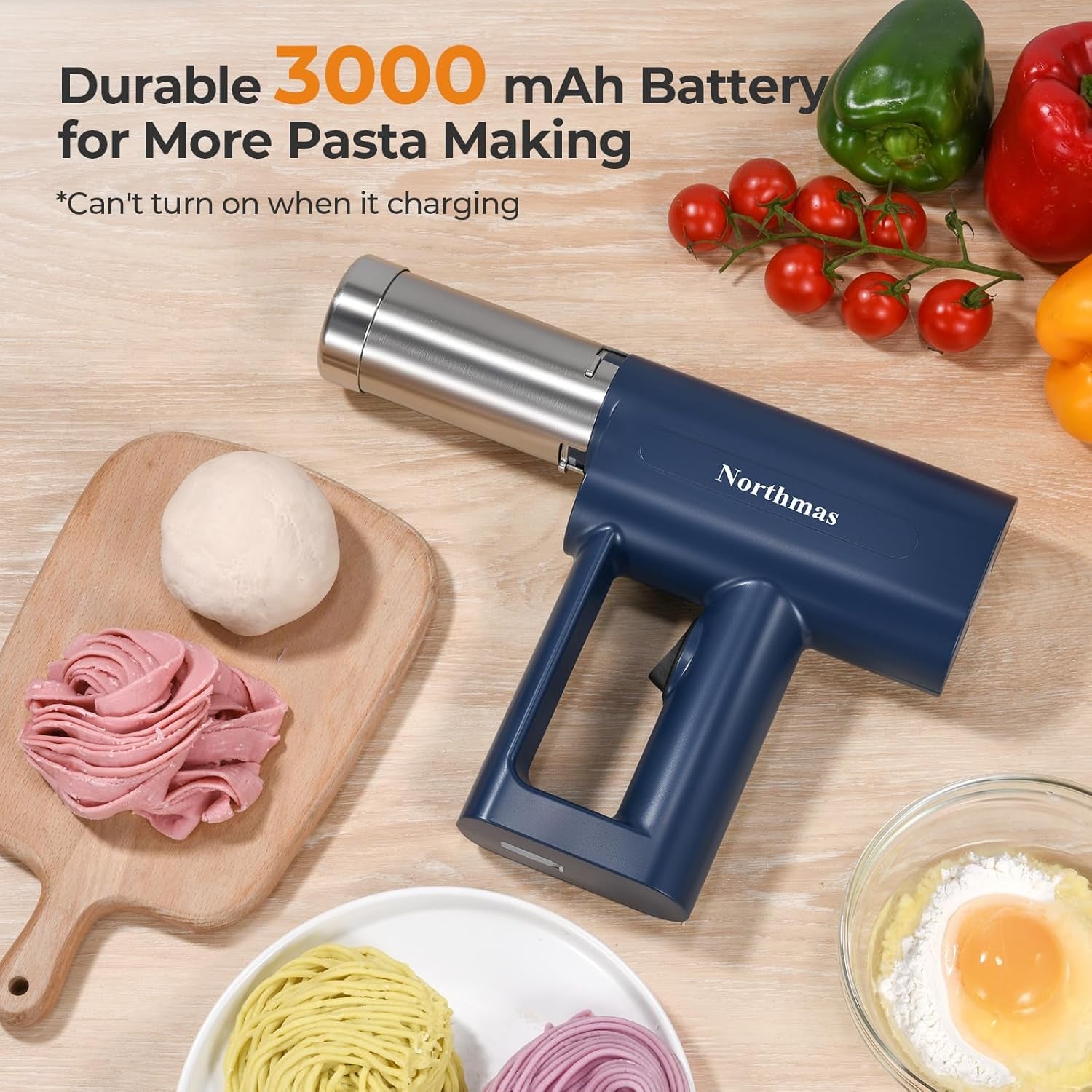 Electric Pasta Maker, 5-In-1 Handheld Pasta Maker Machine, Automatic Dough Press, 3000Mah Larger Battery, Cordless for Portable Design, Blue, Include a Cleaning Brush