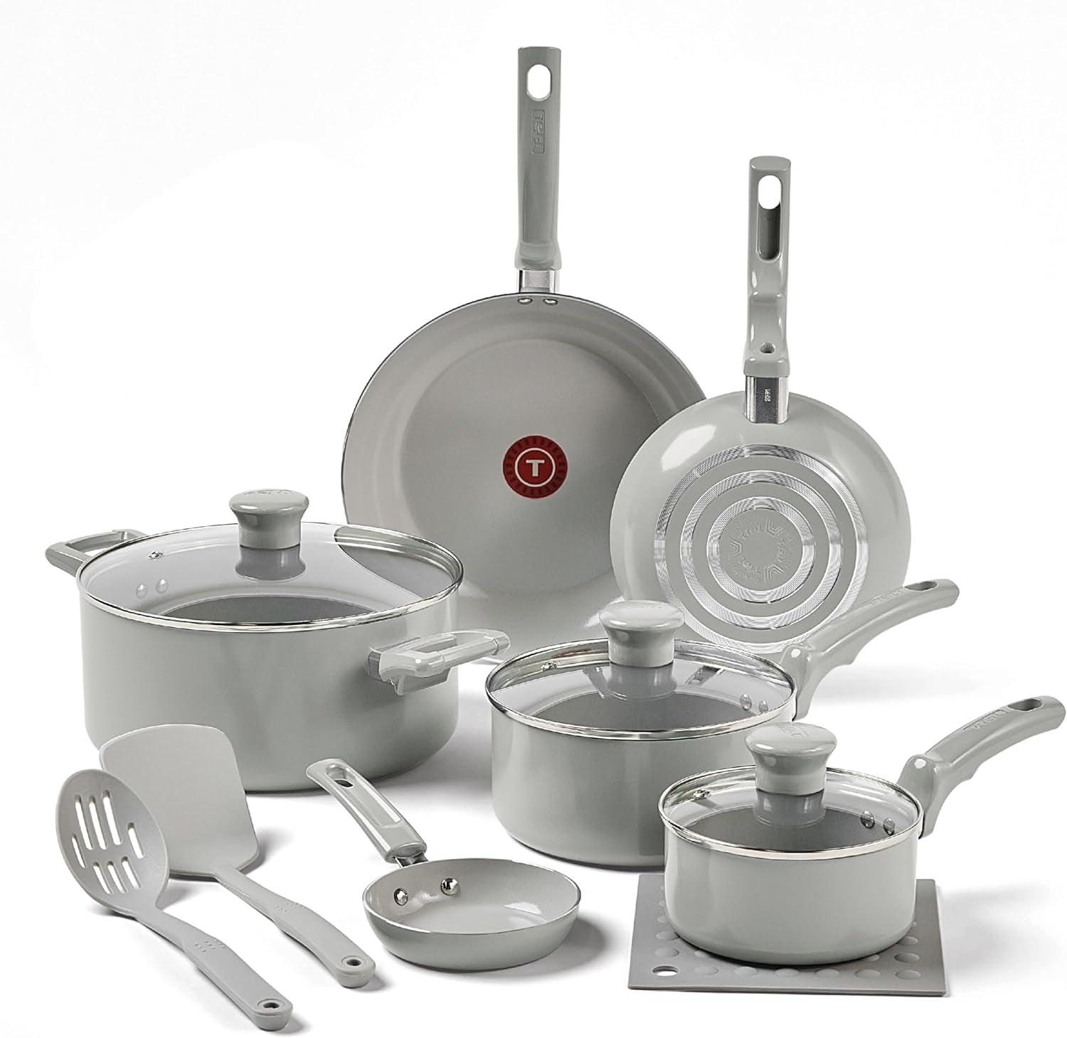 T-Fal Refresh Ceramic Ceramic Non Stick Cookware Set 12 Piece, Oven Broiler Safe 350F, Cookware, Kitchen Cooking Set W/Fry Pans, Saucepans & Kitchen Utensils, Pots and Pans Set Nonstick, Moon Gray