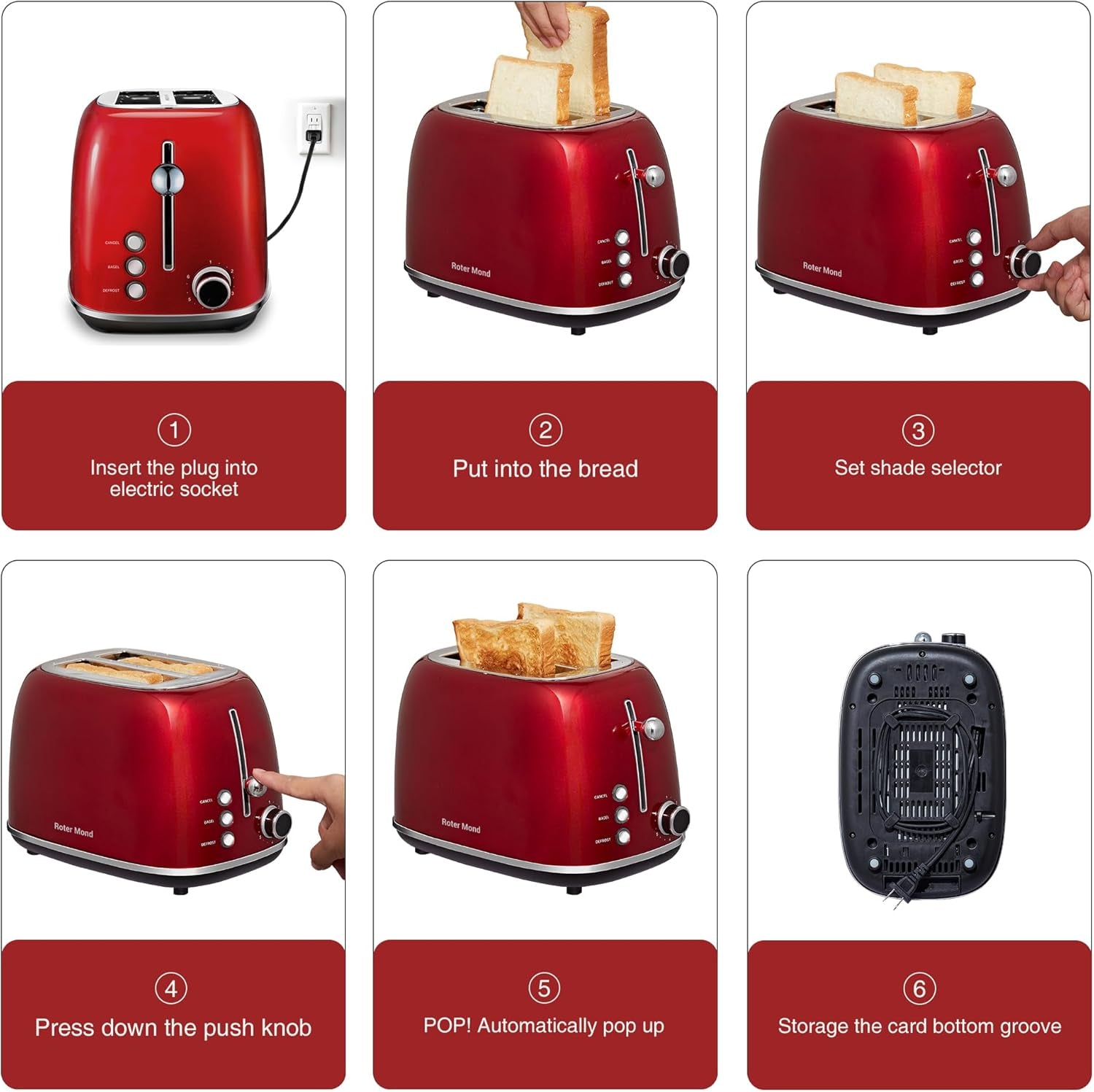 2 Slice Toaster Roter Mond Retro Stainless Steel Toaster with Bagel, Cancel, Defrost Function and 6 Bread Shade Settings Bread Toaster, Extra Wide Slot and Removable Crumb Tray, Red