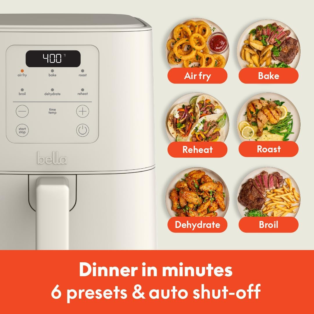 Bella 4Qt Slim Air Fryer, Fits-Anywhere Kitchenware, Evergood Ceramic Nonstick Coating, Adjustable Temperature, 6 Preset Cooking Options, 60 Min Auto Shutoff W Audible Tone, 3.3Lb Capacity, Oatmilk