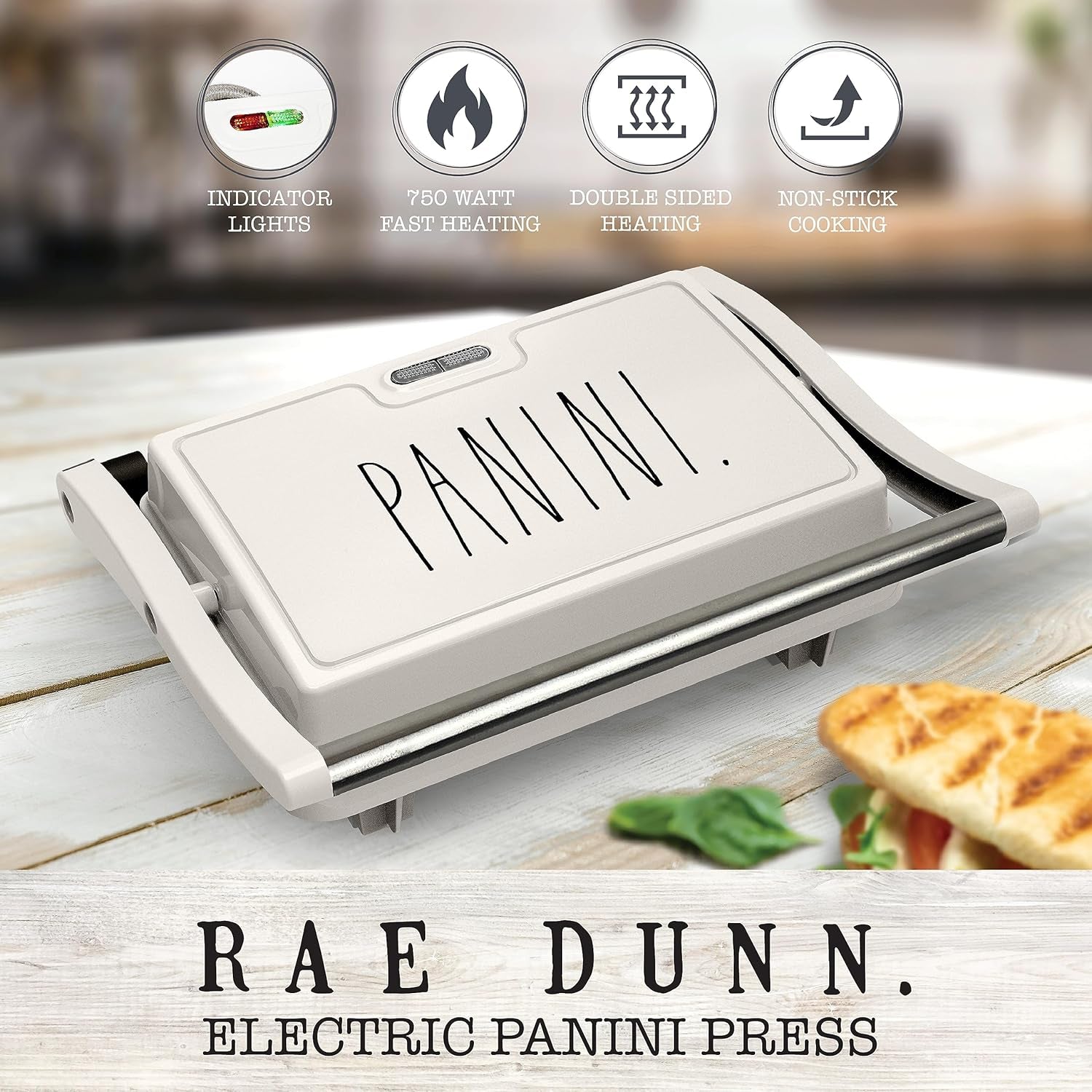 Rae Dunn Press Grill with Indicator Lights Opens 180 Degrees Double Sided Heating Non-Stick Cream