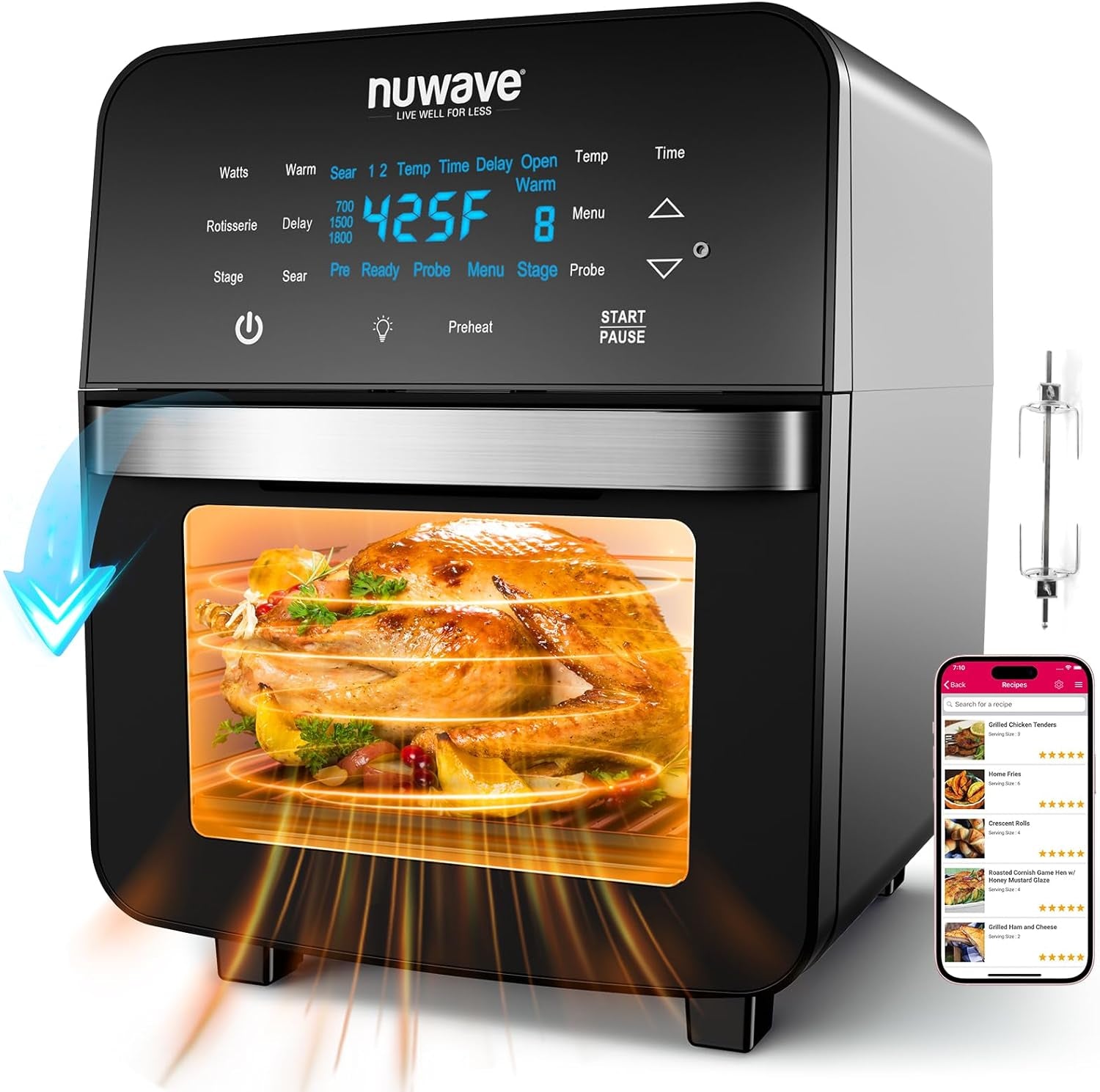 Nuwave Brio 15.5Qt Air Fryer Toaster Oven & Rotisserie Kit, 2024 New Advanced Turbo Convection Tech, Healthy PFAS Free, Max Even & Crisp, Powerful 1800W, 50-425°F, 150 Presets, Smart Probe, 4 Rack