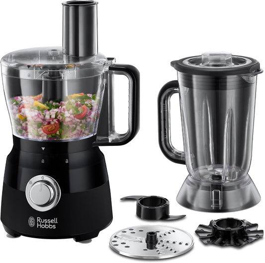 Desire Electric Food Processor, Bowl with 1.5L Usable Capacity, 1.5L Plastic Jug, Stainless Steel Blades, Reversible Slicing/Shredding Disk, Dough Hook & Creaming Disk Inc, 600W, 24732