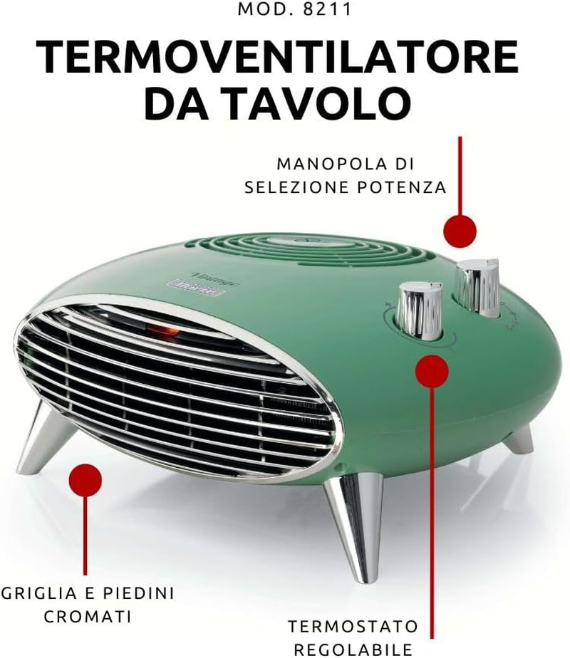 Ariete 8211 Termoventilatore Da Tavolo, Stufetta Elettrica, 2000W, Termostato, Silenzioso, Griglia E Piedi Cromati, Verde