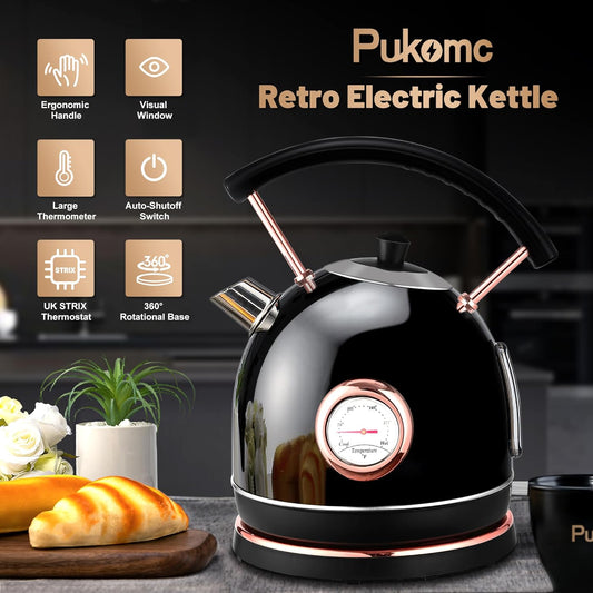 Retro Electric Kettle 1.7L, Stainless Steel Portable Fast Boiling, Cordless with LED Light, Unique Appearance with Temperature Gauge, Auto Shut-Off&Boil-Dry Protection (Black)