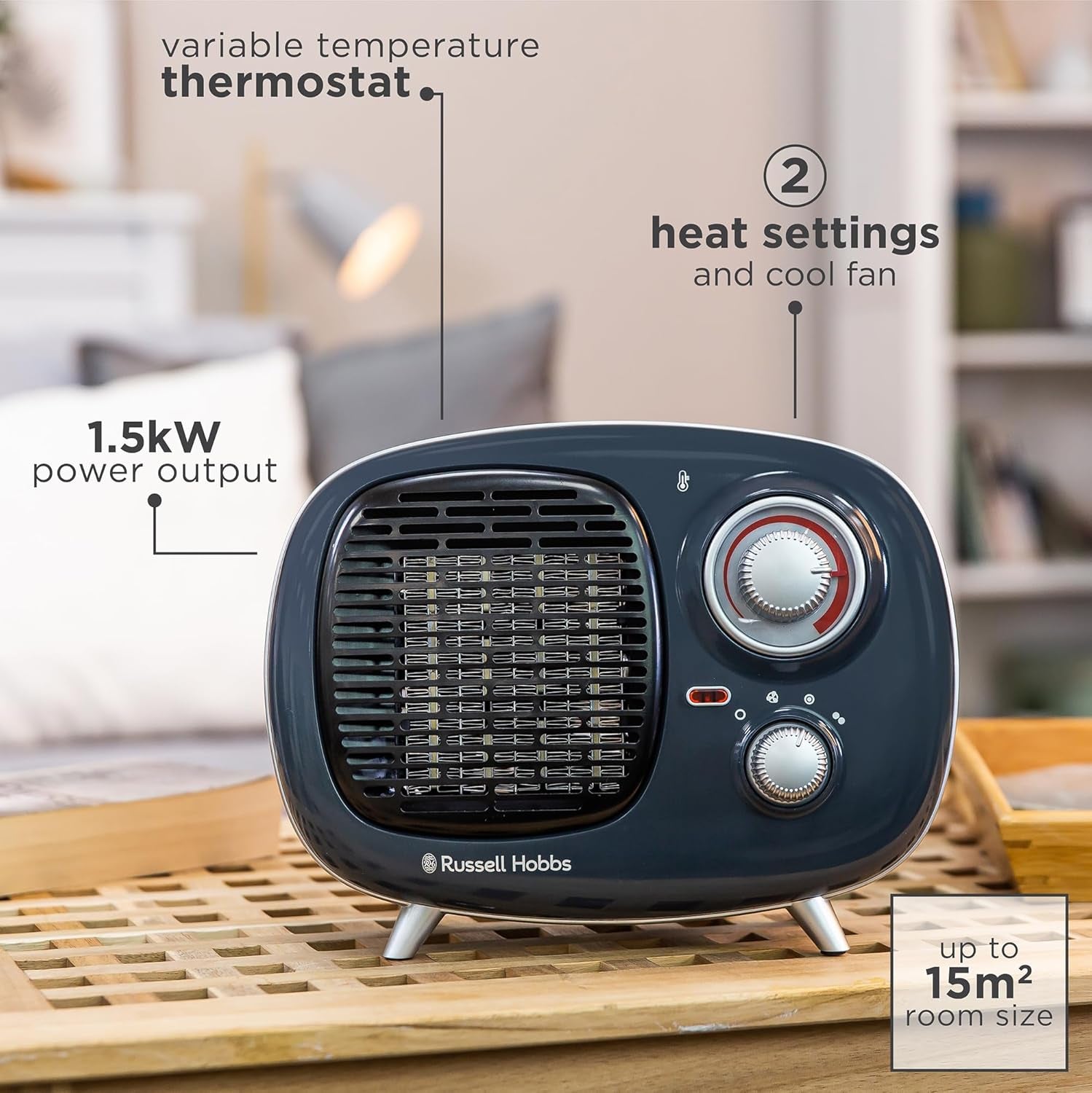 Russell Hobbs Retro Portable Ceramic Electric Heater 2 Heat Settings 1500W Gray