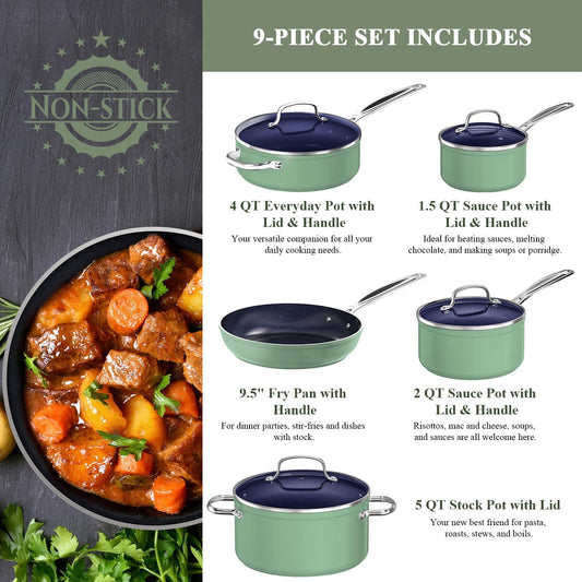 Nuwave 9Pc Cookware Set Healthy Duralon Blue Ceramic Nonstick Coated, Diamond Infused Scratch-Resistant, PFAS Free, Oven Safe, Induction Ready & Evenly Heats, Tempered Glass Lids & Stay-Cool Handle