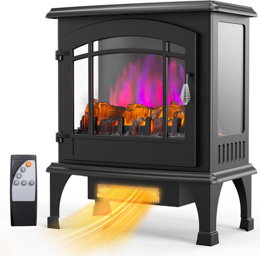 ROVSUN Electric Fireplace Stove, 23''W Freestanding Heater with Realistic Flame Effect, Timer, Adjustable Temperature, Overheat & Tip-Over Protections for Bedroom Living Room, 1400W