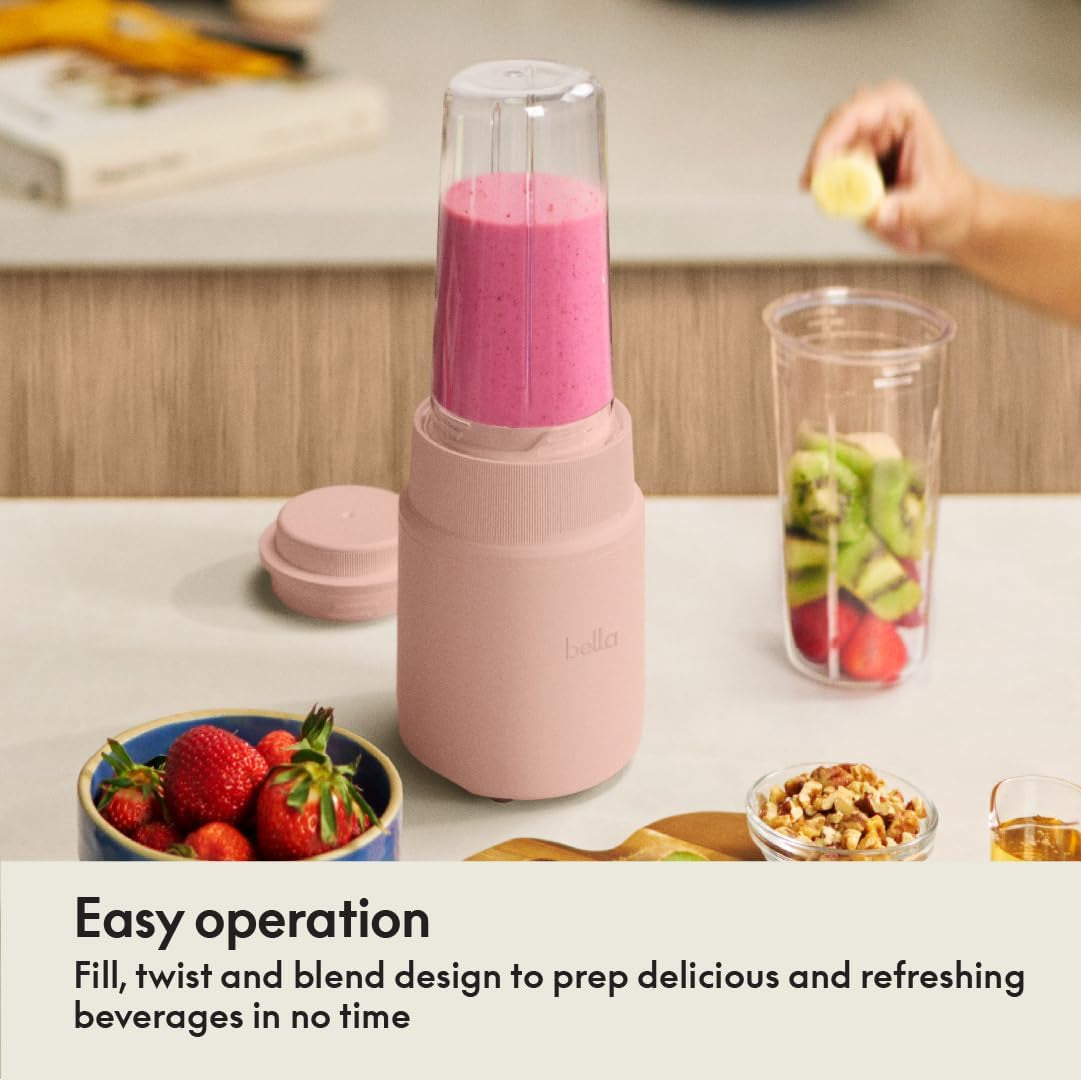 Bella 6 Pcs Portable Rocket Blender, Juicer & Smoothie Maker, Press & Twist Design, Evergood™ & BPA Free Dishwasher Safe Parts, 4 Tip Stainless Steel Blade, Cord Wrap, 240 Watt Motor, Blossom