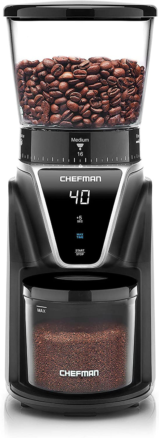 Chefman Conical Burr Coffee Grinder, Create the Boldest & Most Flavorful Grind with 31 Settings from Coarse to Extra Fine, One-Touch Digital Control & 9.7-Oz Bean Capacity, Black