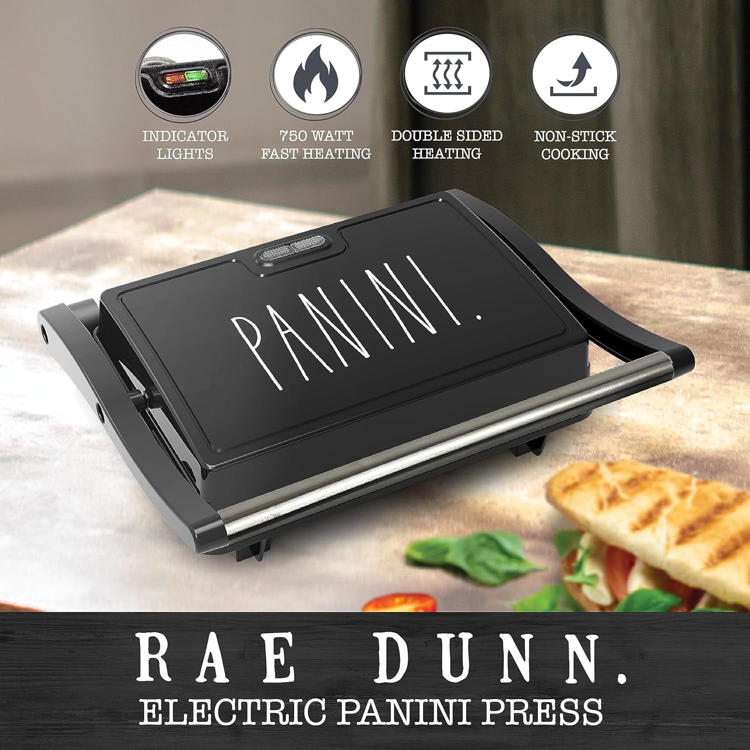 Rae Dunn Press Grill with Indicator Lights Opens 180 Degrees Double Sided Heating Non-Stick Black