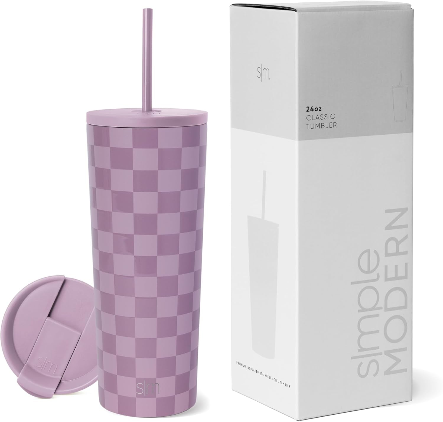 Simple Modern Insulated Tumbler with Lid and Straw | Iced Coffee Cup Reusable Stainless Steel Water Bottle Travel Mug | Gifts for Women Men Her Him | Classic Collection | 24Oz | Lavender Checkmate