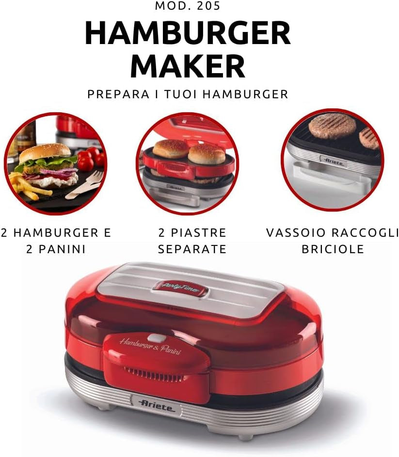 Ariete 205 Hamburger Maker Party Time, Macchina per Fare Hamburger, 1200 W, Doppie Piastre Antiaderenti, 2 Scomparti, Facile Da Pulire, Rosso