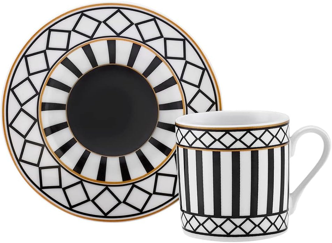 KARACA Helenistik Porcelain Turkish Coffee Cups Set for 6 People - 12 Piece Espresso Cup with Saucers - Drinking Serving Gift Set for Women - Ideal for Serving Turkish Coffee (Black and White, 80 Ml)