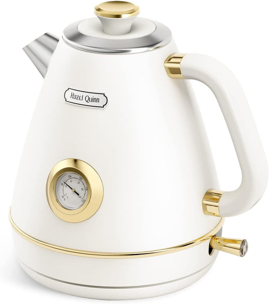 Hazel Quinn Retro Electric Kettle - 1.7 Liters / 57.5 Ounces Tea Kettle with Thermometer, All Stainless Steel, 1200 Watts Fast Boiling, Bpa-Free, Cordless, Automatic Shut off - Pearl White