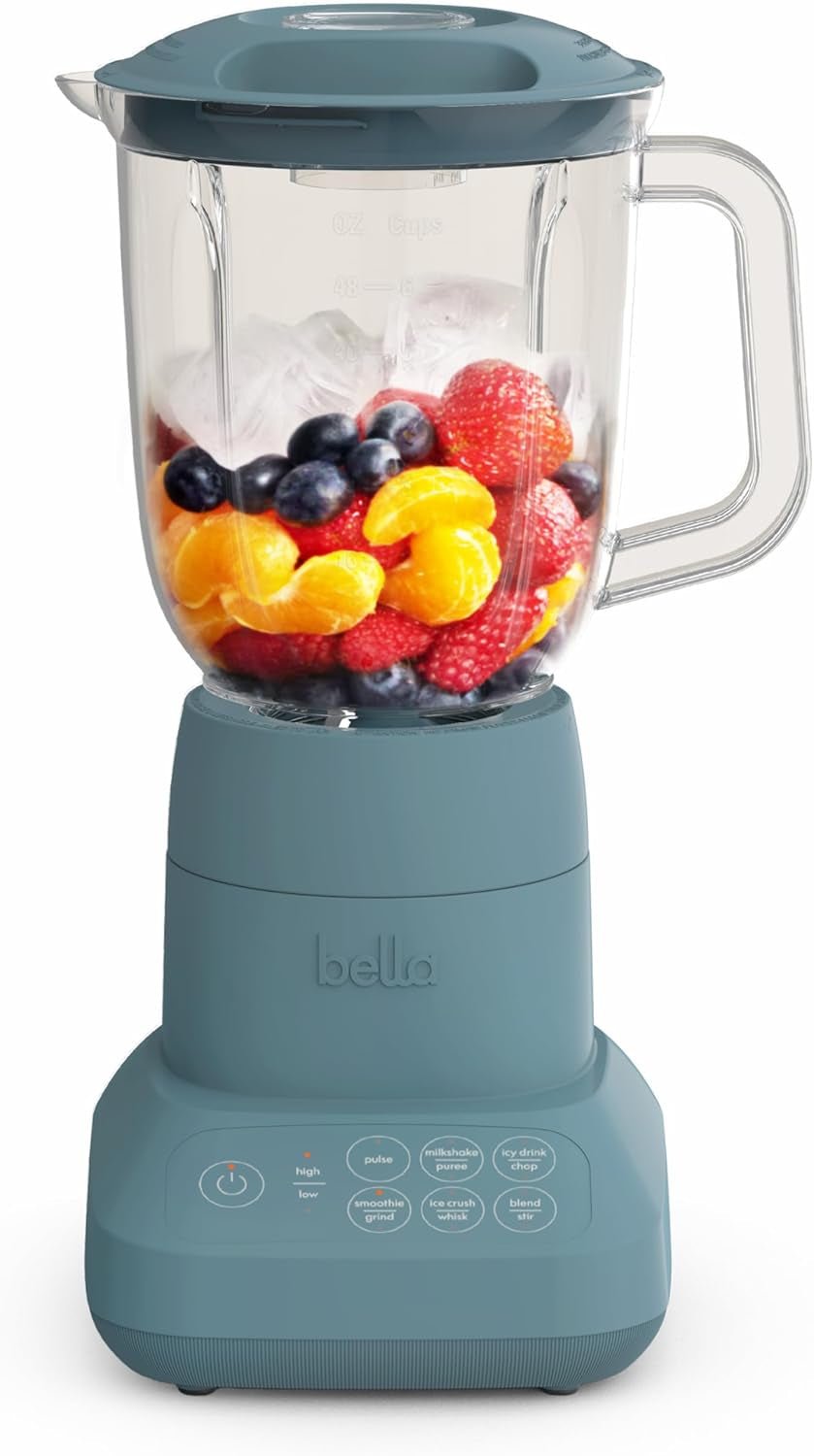 Bella 10 Speed Countertop Blender, Juicer & Smoothie Maker, Fits-Anywhere™ Kitchenware, Slim Flip & Store Design, Dishwasher Safe 48Oz Capacity Pitcher & Lid, Stainless Steel Blade, 450 Watt, Surf