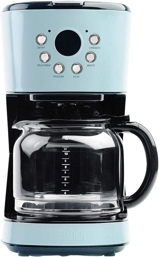 Haden Coffee Machine, 12 Cup Programmable Drip Coffee Maker with Auto Shut-Off Function and Reusable Washable Water Filter, Turquoise & Chrome